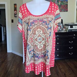 Lucky Brand Red and Blue Bohemian Short Sleeve Top